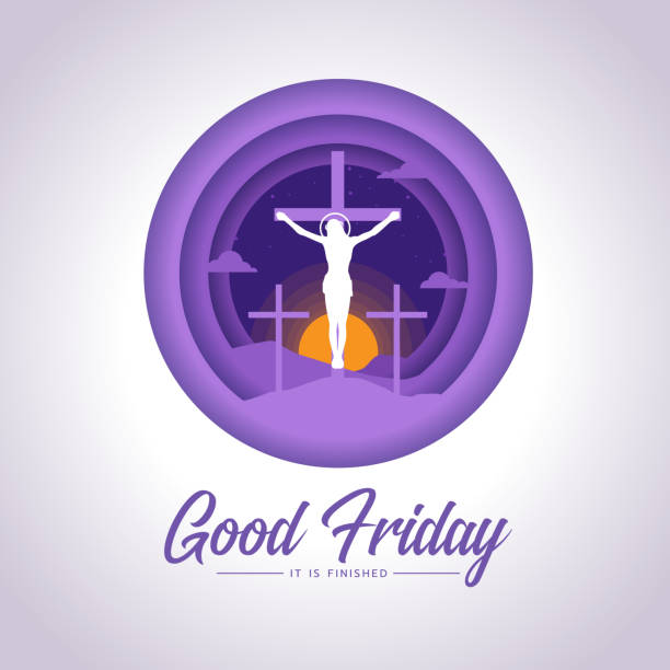 good friday, it is finished text - Jesus Christ Crucified On The Cross and sunset in purple circle layer style vector design  drawing of the good friday stock illustrations