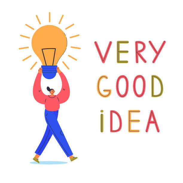 Good idea concept.Lettering.Woman with bulb Tiny woman carries a giant light bulb flat hand drawn vector illustration.Good idea concept.Lettering.Color cartoon character isolated on white background.Poster,banner design with typography. mini fan stock illustrations