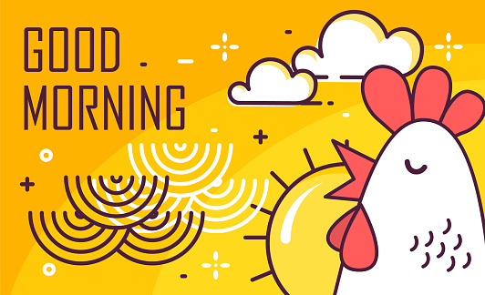 Good Morning poster with rooster, sun and waves on yellow background. Thin line flat design. Vector.