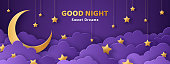 Good night and sweet dreams banner. Fluffy clouds on dark sky background with gold moon and hanging stars. Vector illustration. Paper cut style. Place for text