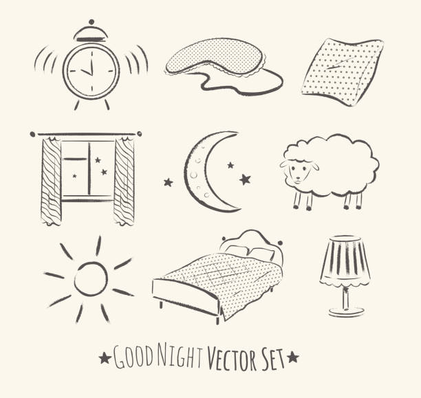 Good night set. Good night vector sketchy set. Grunge hand drawn illustrations. window drawings stock illustrations