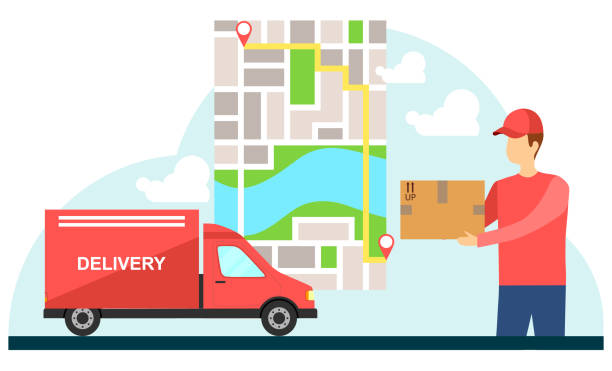 Goods delivery, goods delivery machine icon with courier. Delivery icon. Vector illustration. Vector. vector art illustration