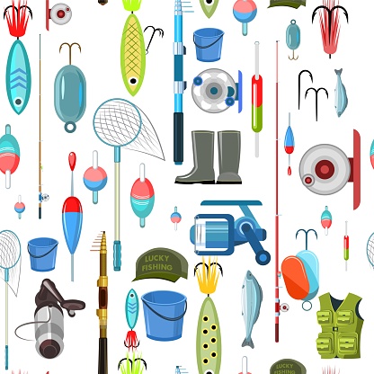 Goods for fishing. Equipment and accessories for recreation and hunting on reservoirs. Sale of fishing rods and clothing. Seamless pattern. Illustration vector