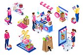 Goods purchases, cartoon set. Paying customers with trolley, supermarket line grocery. Supermarket customer, cartoon goods buying with trolley. Flat groceries purchaser collection, buyers group vector