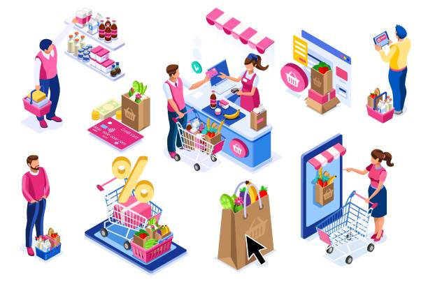 Goods purchases, cartoon set. Paying customers with trolley, supermarket line grocery. Supermarket customer, cartoon goods buying with trolley. Flat groceries purchaser collection, buyers group vector Goods purchases, cartoon set. Paying customers with trolley, supermarket line grocery. Supermarket customer, cartoon goods buying with trolley. Flat groceries purchaser collection, buyers group vector chain store stock illustrations