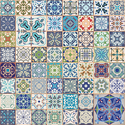 Gorgeous floral patchwork design. Colorful square tiles ornaments. seamless background.