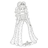 Beautiful princess, gorgeous princess in shining dress with spangles, vector illustration, coloring book page for children