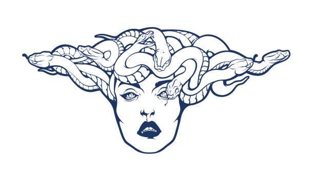 Gorgon Medusa Head. Vector illustration of pretty female face with snakes crown isolated on white background. Stylish fashionable tee shirt print, logo or cool tattoo design. snake head stock illustrations
