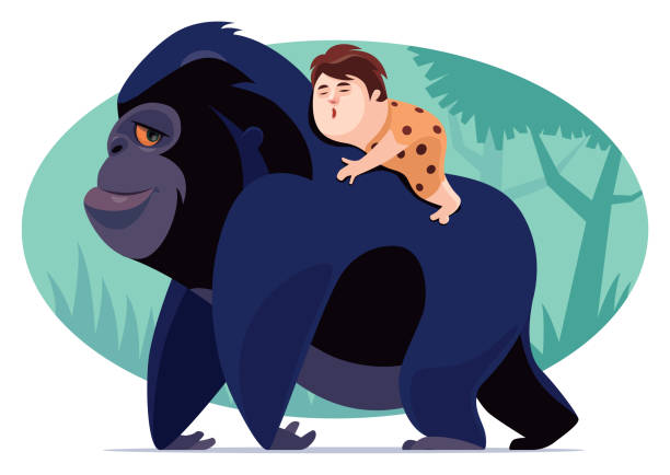 stockillustraties, clipart, cartoons en iconen met gorilla die holbewonerjongen draagt - piggyback funny
