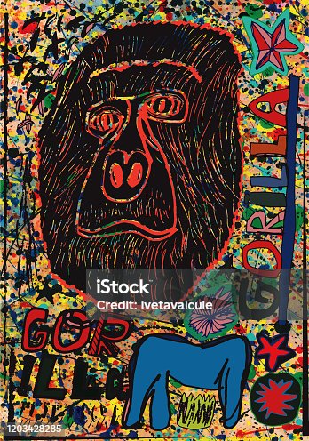 istock Gorilla on busy paint splattered background 1203428285