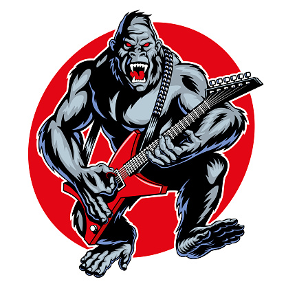 Gorilla playing electric guitar. Cool ape rocker mascot. Vector illustration.