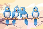 Illustration of four blue birds sitting on a branch. One of the birds is mocked and made fun of by the others. Concept for bullying and intolerance.