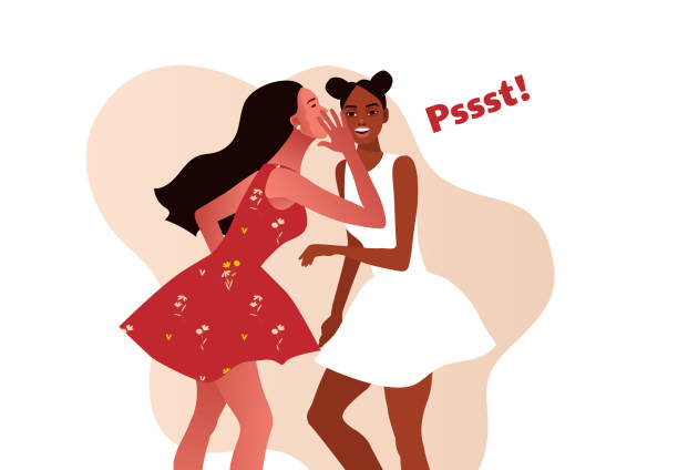 Gossip vector illustration. One excited girl whispers secret to girlfriend. Two stylish model girls gossiping vector illustration. One excited blond girl whispers private secret or rumours to her friend. Afro American girl. Pastel pale colorus. gossip stock illustrations