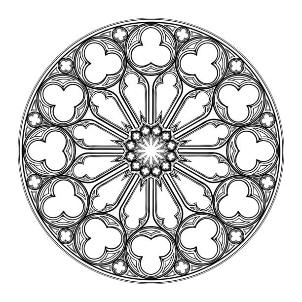 Gothic rose window. Popular architectural motiff in Medieval european art Gothic rose window. Popular architectural motiff in Medieval european art. Element for designing Coats of arms, medieval style illustrations. Black and white. EPS 10 vector illustration window patterns stock illustrations