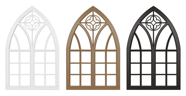 Gothic window of wood set Realistic Gothic medieval stained glass window and stone arch with a shadow. Transparent shadow. Background or texture. Architectural element gothic style stock illustrations