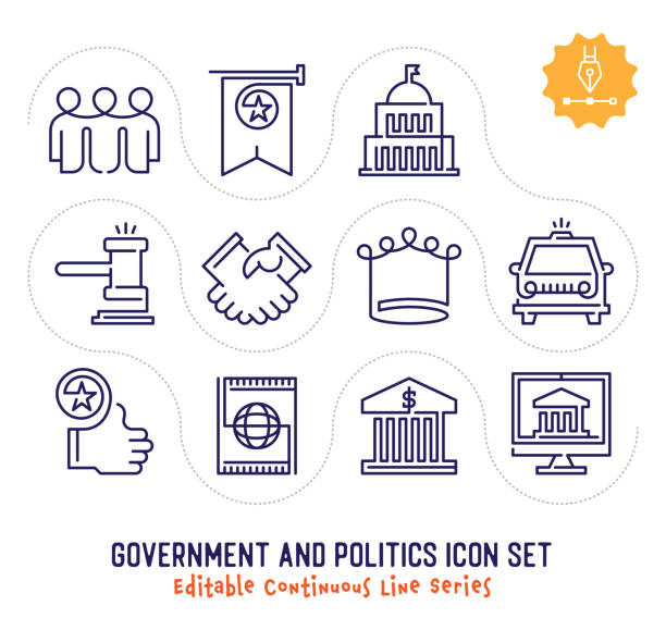 Government & Politics Editable Continuous Line Icon Pack Government and politics vector icons set for logo, emblem or symbol use. This collection is part of single line minimalist drawing series with editable strokes. royalty free commercial use drawing stock illustrations