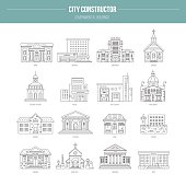 Collection of goverment building icons made in modern line style. Vector city elements for map, web or application. City constructor series.