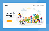 Gps Navigation Positioning Landing Page Template. Tiny Characters at Huge Location Map, People Use Online Application on Smartphone with Geolocation App Pins for Routes. Cartoon Vector Illustration
