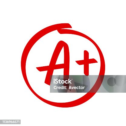 istock Grade A Plus result vector icon. School red mark handwriting A plus in circle 1136966571