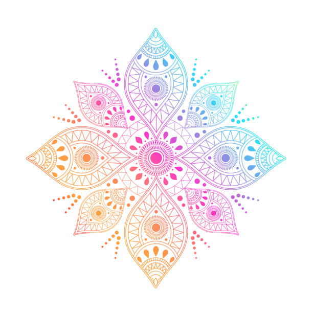Gradient mandala on white isolated background. Vector boho mandala in green and pink colors. Mandala with floral patterns Gradient mandala on white isolated background. Vector boho mandala in green and pink colors. Mandala with floral patterns. Yoga template yoga designs stock illustrations