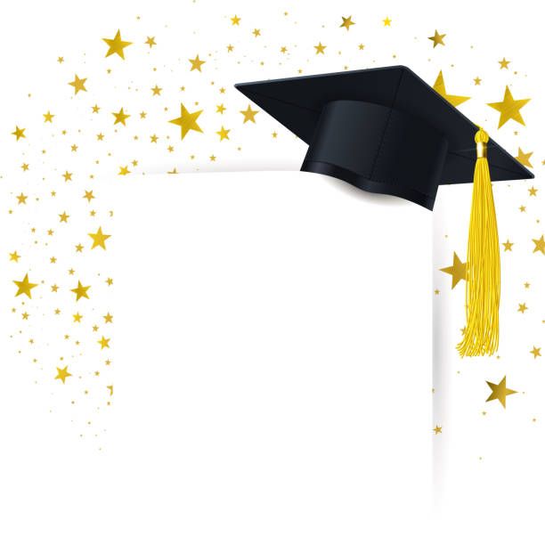 Graduate Cap with  Diploma on a Background of a Gold Stars graduate cap with  diploma on a background of a whirlwind of gold stars graduation backgrounds stock illustrations