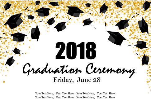 Graduate caps and the gold confetti banner