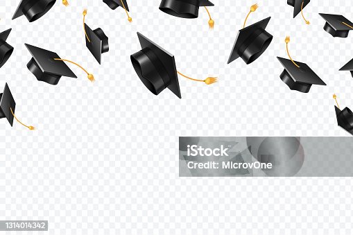 istock Graduate caps flying. Black academic hats in air. Education isolated vector concept 1314014342
