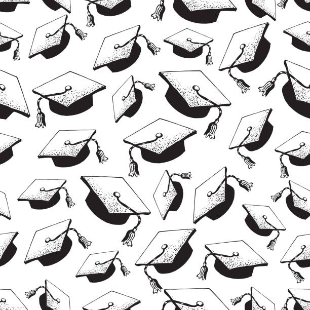 Graduate doodle black hat seamless pattern with diploma, graduation caps thrown in the air, square academic cap, mortarboard for college, university students, education concept, white background Graduate doodle black hat seamless pattern with diploma, graduation caps thrown in the air, square academic cap, mortarboard for college, university students, education concept, white background graduation backgrounds stock illustrations