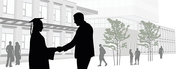 Graduate Handshake Panorama A vector silhouette illustration of a mature man shaking the hand of a young female graduate waring a graduation gown standing in front of a university buidling. graduation silhouettes stock illustrations