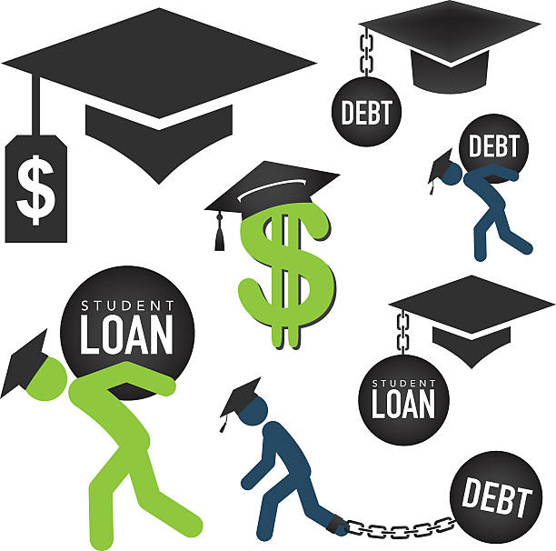 Graduate Student Loan Icon Set Graduate Student Loan Icons with price tag and dollar sign student loan forgivenes stock illustrations