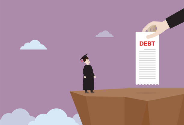 A graduate student stands on a cliff with a student debt bill Graduation, Debt, Cap - Hat, Education, Student loan, Scholarship student loan stock illustrations