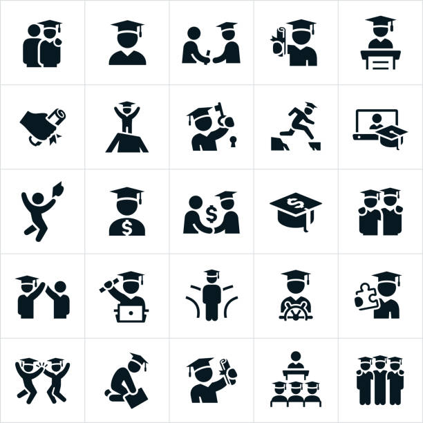 Graduates Icons As set of icons showing graduates symbolizing many different concepts and in different situations. graduation icons stock illustrations