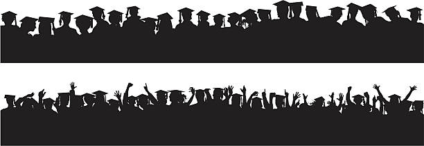 Graduates in Two Long Crowds The top crowd is watching, the bottom crowd is cheering. Their hats are on a separate layer and so can easily be moved, removed, or thrown into the air as needed. graduation silhouettes stock illustrations