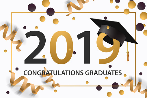 Graduating class of 2019. Poster, party invitation, greeting card in gold colors. Grad poster, vector illustration.