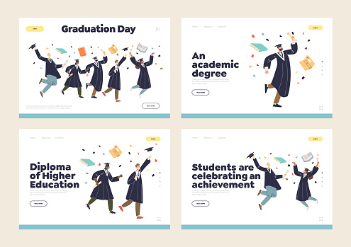 Graduation and higher academic degree education concept of set of landing pages with happy graduates