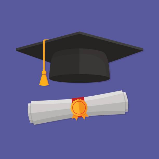 ilustrações de stock, clip art, desenhos animados e ícones de graduation cap and rolled diploma . flat style - diploma