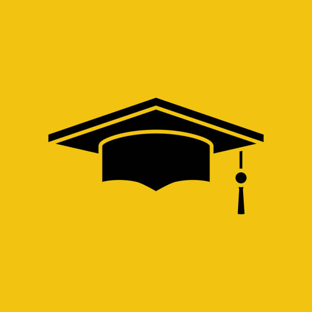 illustrazioni stock, clip art, cartoni animati e icone di tendenza di berretto da laurea silhouette nera isolato su sfondo giallo - berrettini