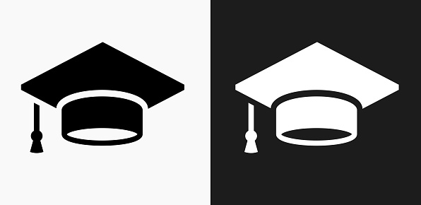 Graduation Cap Icon on Black and White Vector Backgrounds. This vector illustration includes two variations of the icon one in black on a light background on the left and another version in white on a dark background positioned on the right. The vector icon is simple yet elegant and can be used in a variety of ways including website or mobile application icon. This royalty free image is 100% vector based and all design elements can be scaled to any size.