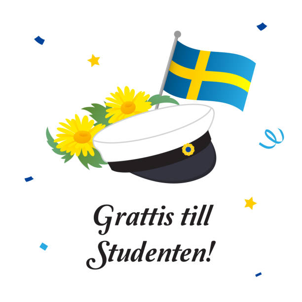 졸업 모자 플래그와 꽃, 인사말 카드 벡터 일러스트 레이 션. 스웨덴어 번역: "졸업 축!" - sweden stock illustrations
