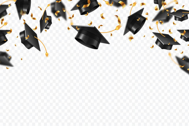 ilustraciones, imágenes clip art, dibujos animados e iconos de stock de gorras de graduación confeti. sombreros de estudiantes voladores con cintas doradas aisladas. universidad, formación vectorial de educación escolar universitaria - graduation