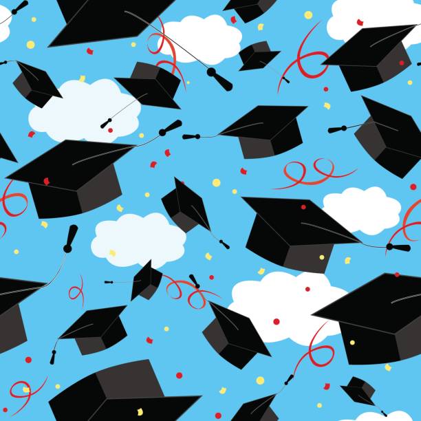 Graduation Caps in the Air. Graduate Background. Graduation Caps in the Air. Graduate Background. Vector seamless pattern graduation patterns stock illustrations