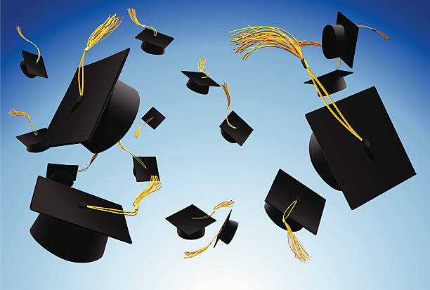Graduation caps thrown in the air Graduation caps thrown in the air graduation backgrounds stock illustrations