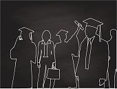 Chalkboard silhouette illustration of a group of proud graduates and a business woman in the background