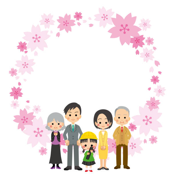 Graduation ceremony Illustration of graduation ceremony. Girl and her families are smiling. Frame of cherry blossom. cartoon of the family reunions stock illustrations