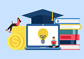 istock Graduation cost, expensive education, scholarship loan budget, education savings and investment concept. Stack of books, dollar coins, laptop computer and graduation hat in flat design. 1341985510