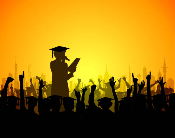 Graduation Event Graduates and an announcer. Everyone in the crowd is separate and complete down to the waste and every building is separate and complete. Mortar boards are separate so can easily be colored differently or thrown into the air. The announcer is complete too. presentation speech silhouettes stock illustrations