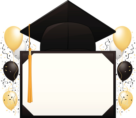 A graduation hat with a blank banner against a balloons