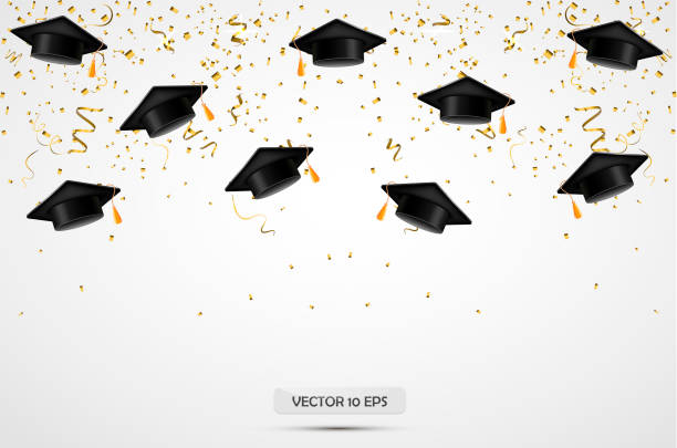 Graduation hats with confetti. Celebration background. Vector. Graduation hats with confetti. Celebration background. Vector illustration graduation backgrounds stock illustrations