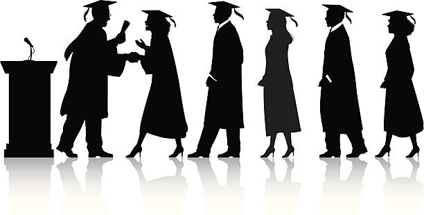 Graduation Line Vector art of silhouetted graduate students lining up to receive their diplomas. graduation silhouettes stock illustrations