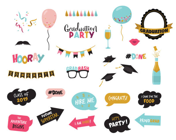 graduation photo booth elements and party props-vector graduation photo booth elements and party props-vector illustration selfie borders stock illustrations